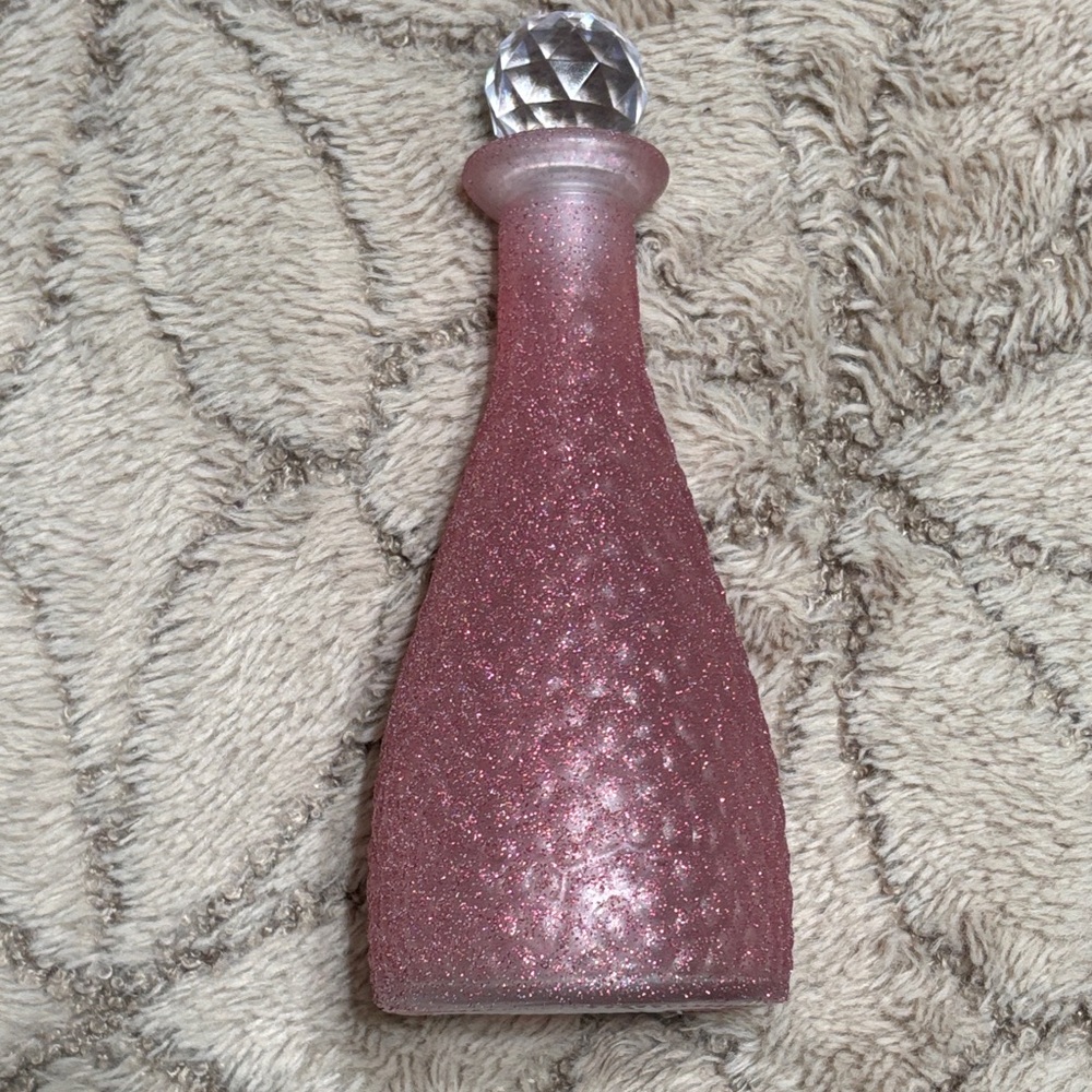 Pink Glitter Decorative Bottle with crystal top handpainted low shine no wash